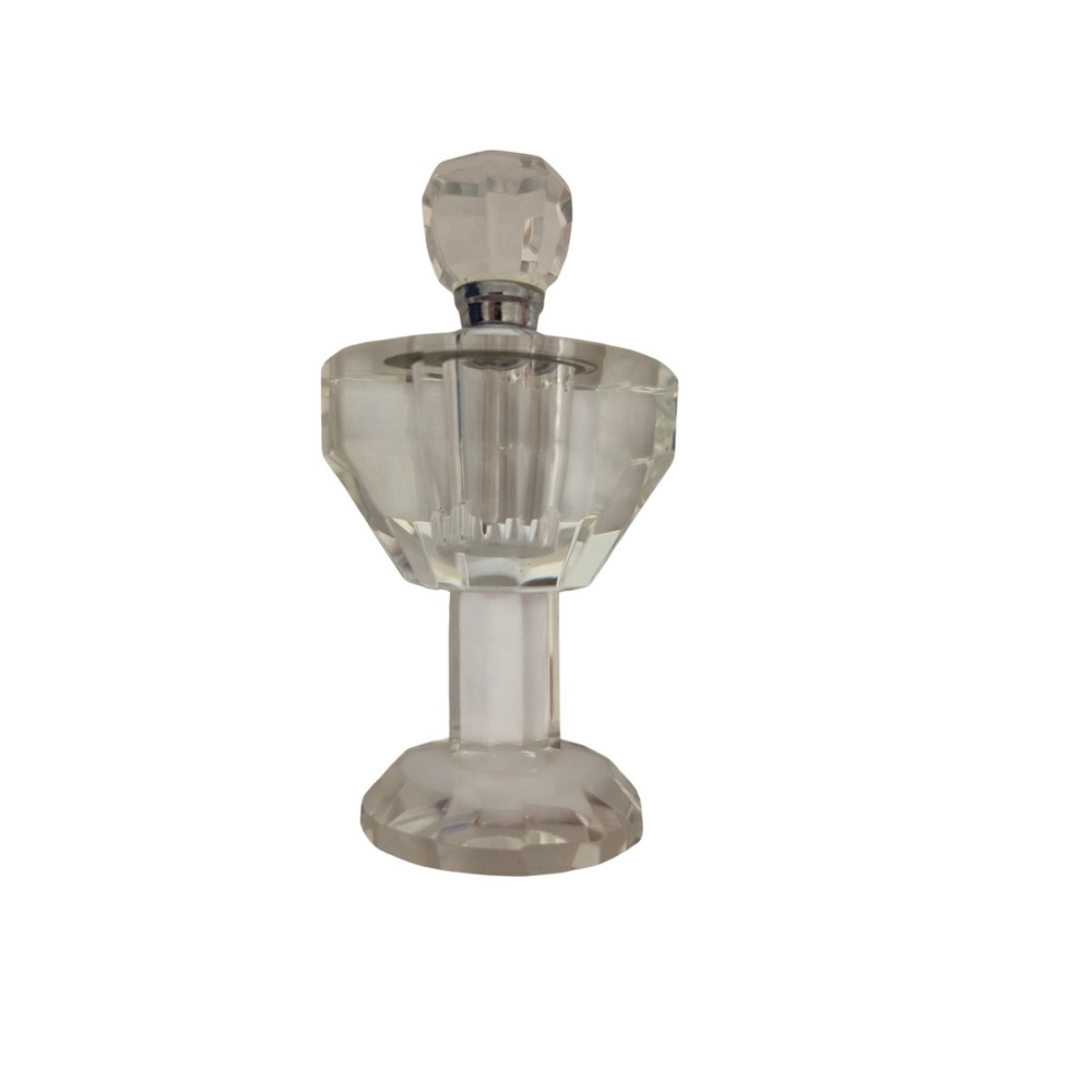 Vintage Faceted Pedestal Crystal Perfume Bottle with Chrome Collar & Dauber